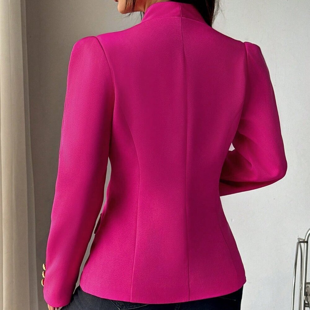 Hot Pink Elegant Women's Solid Single Button Long Sleeve Blazer - Picture 2 of 7